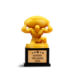 Carried the League fantasy football trophy: a gold figure on one knee holding a football overhead