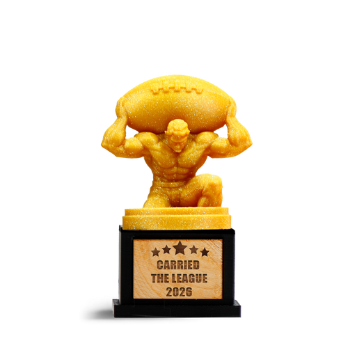 Carried the League fantasy football trophy: a gold figure on one knee holding a football overhead