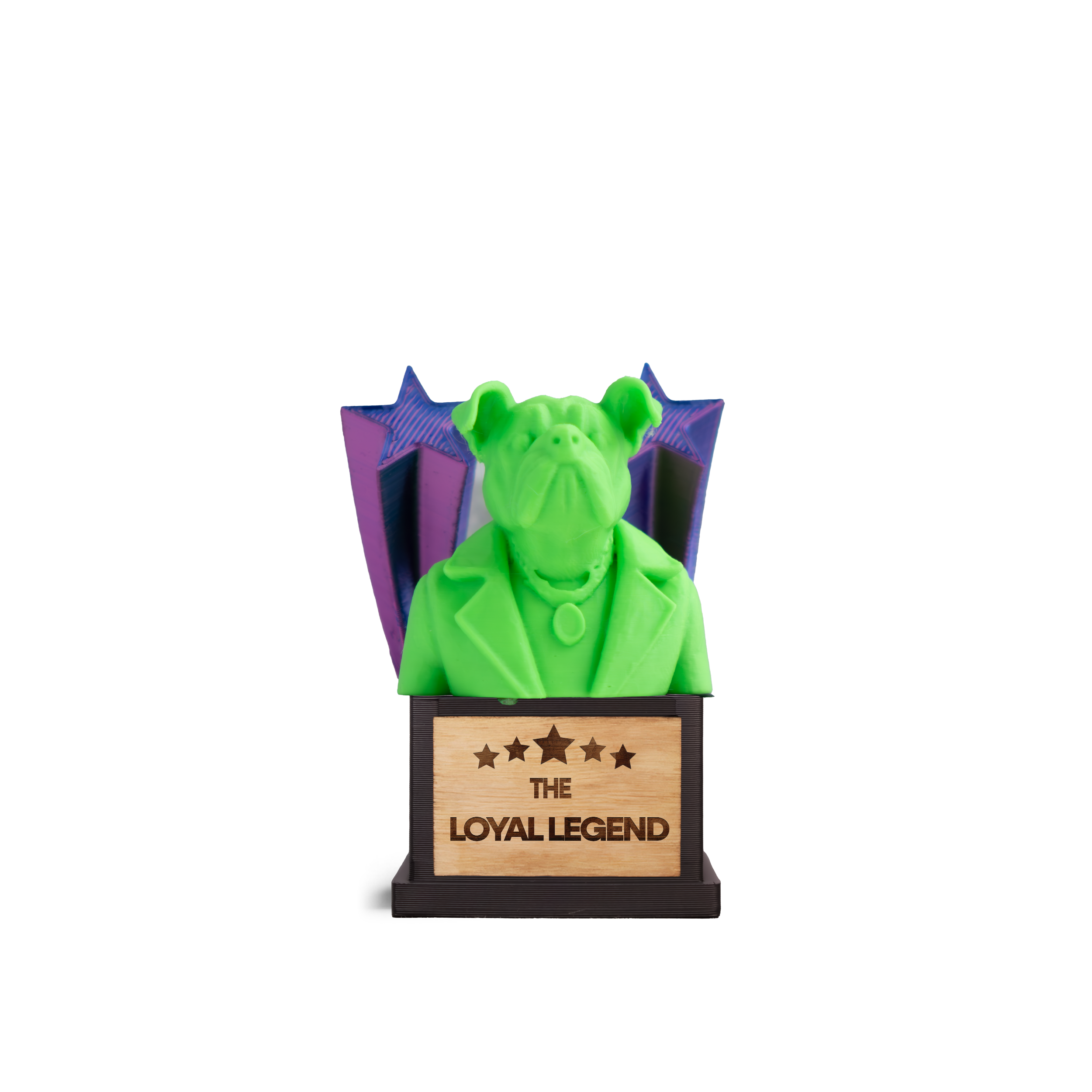 Green figurine with a purple cape labeled 'The Loyal Legend' on a white background