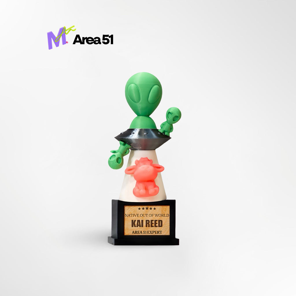 Custom Area 51 Expert Trophy - Front View of 3D Printed Alien Award with Personalized Plaque