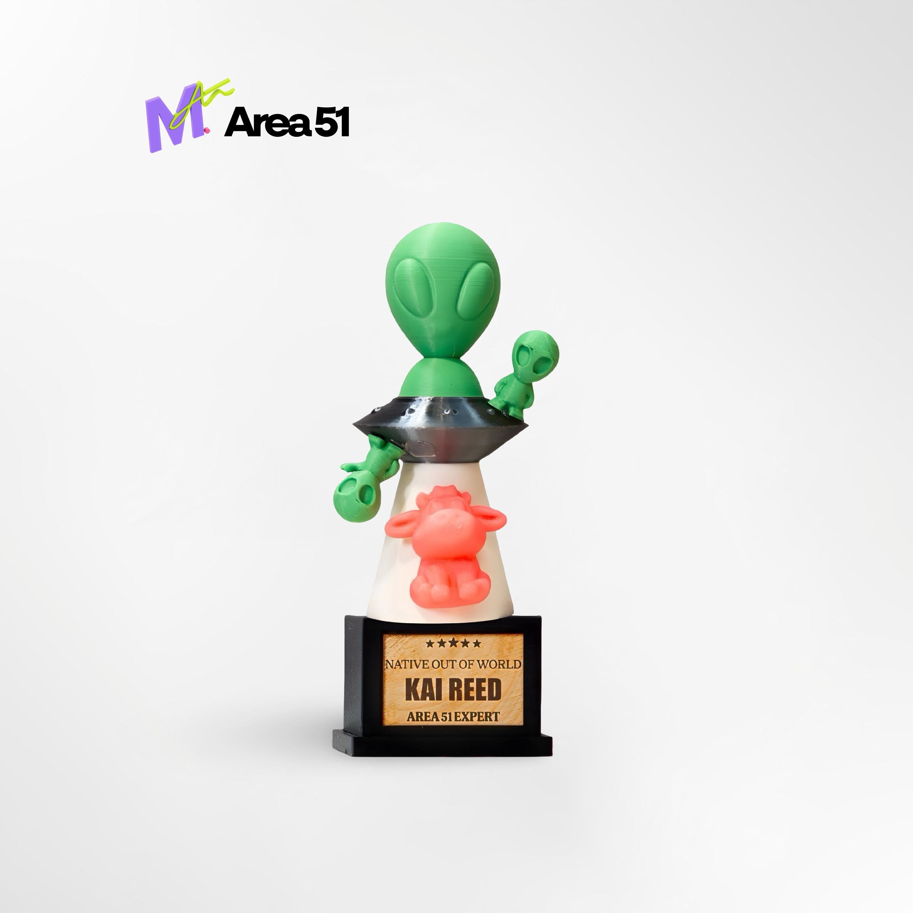 Custom Area 51 Expert Trophy - Front View of 3D Printed Alien Award with Personalized Plaque
