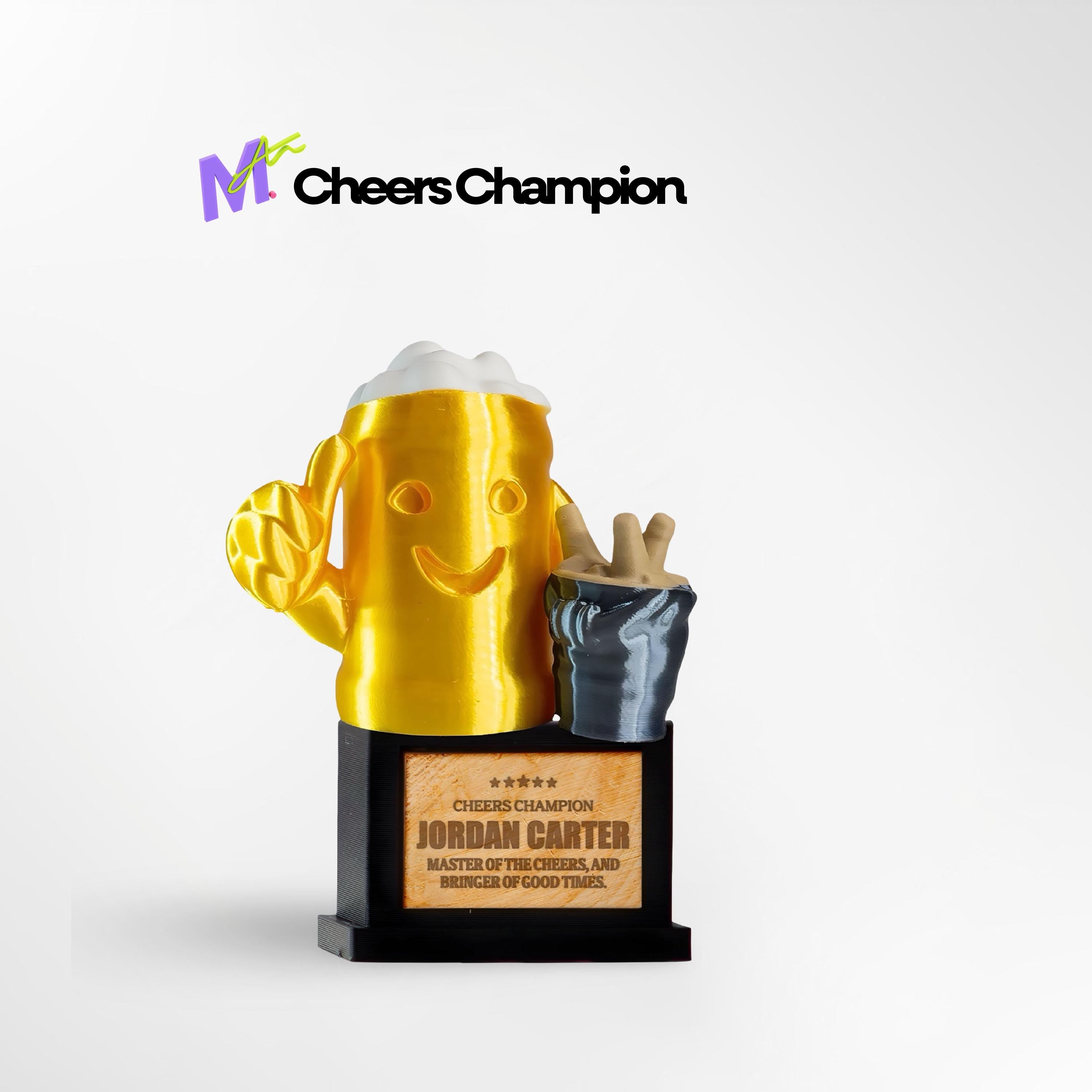 Custom Cheers Champion Beer Trophy - Front View of Party Life Award