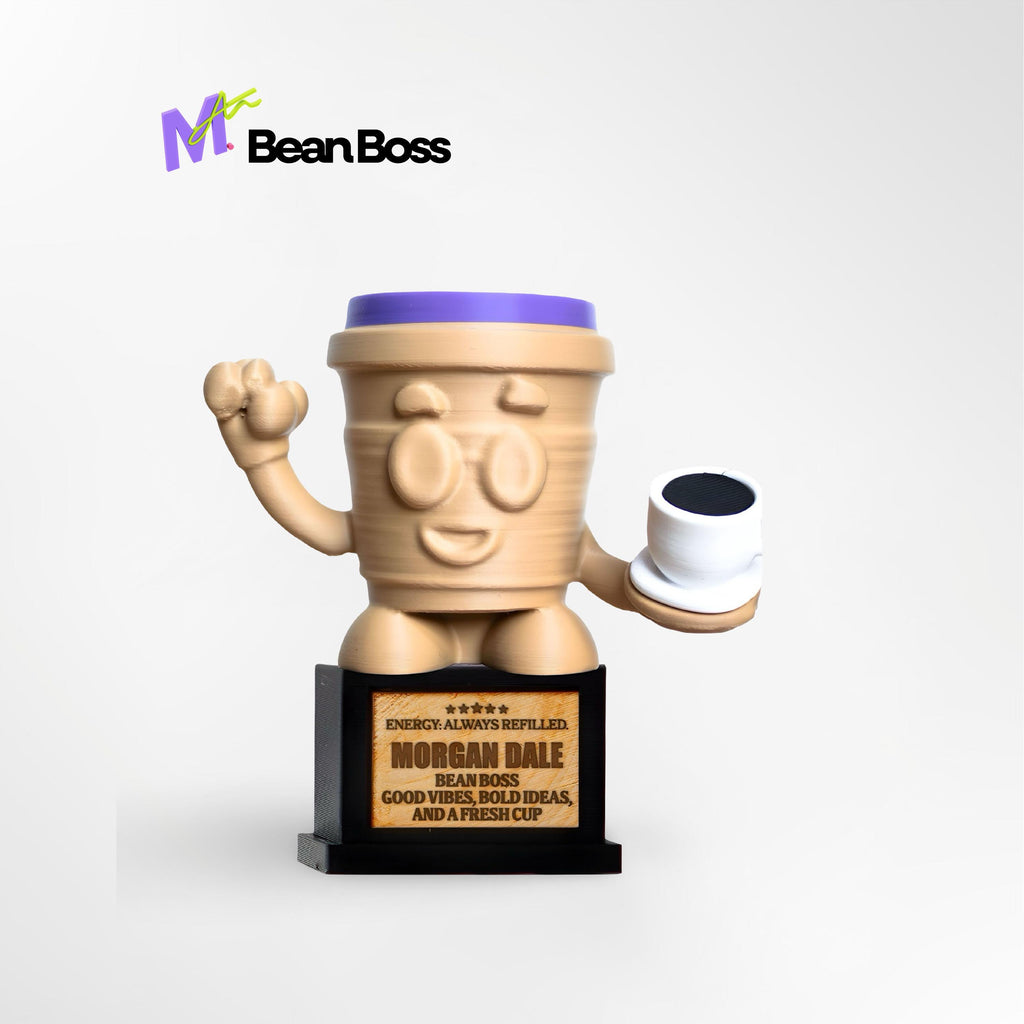 Custom Bean Boss Trophy - Front View of Coffee Lover Award with Personalized Engraving