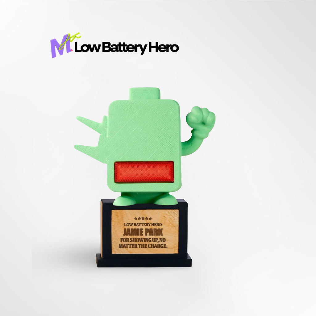 Custom Low Battery Hero Trophy - Front View of Relatable Office Award