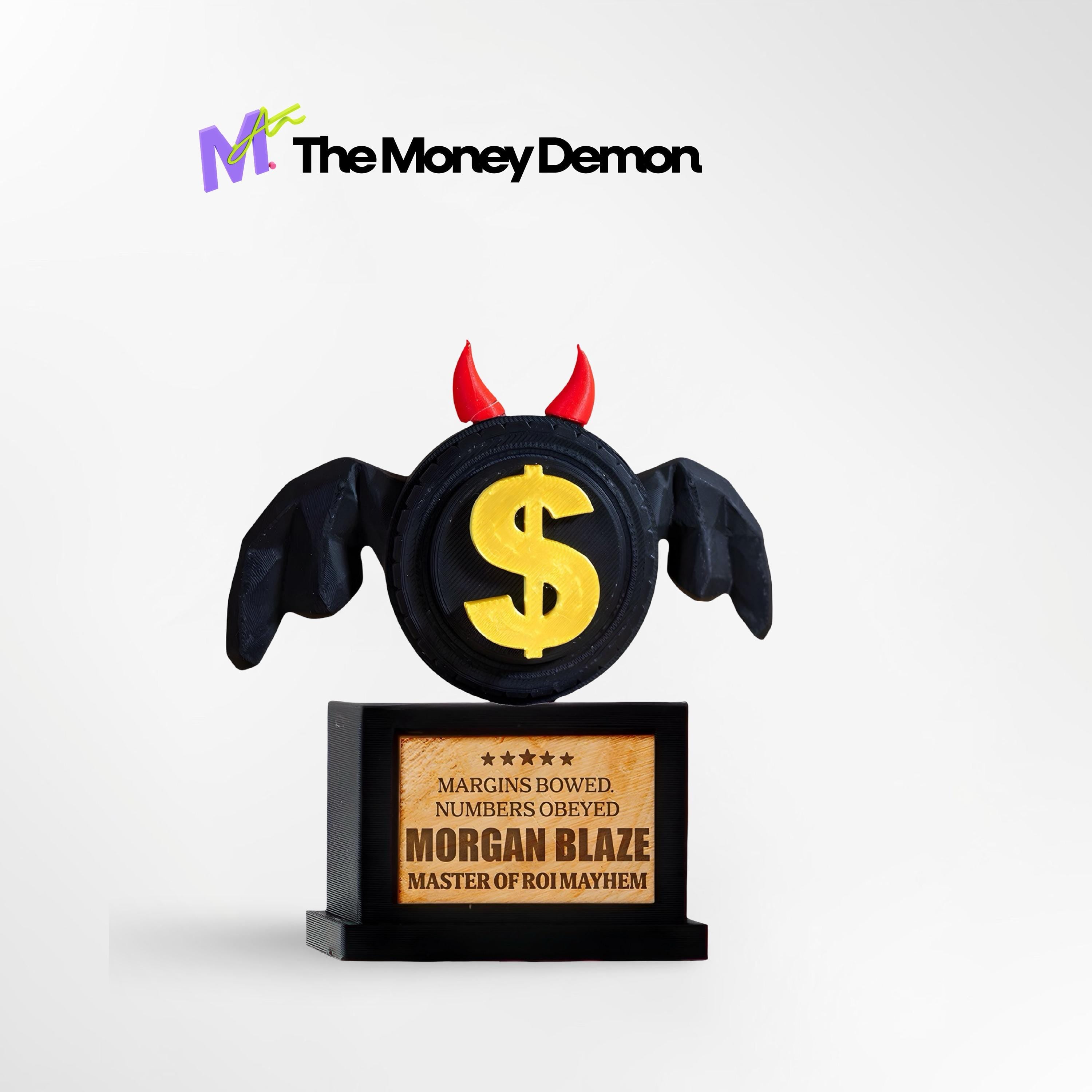 Custom The Money Demon Trophy - Front View of Finance Wizard Award