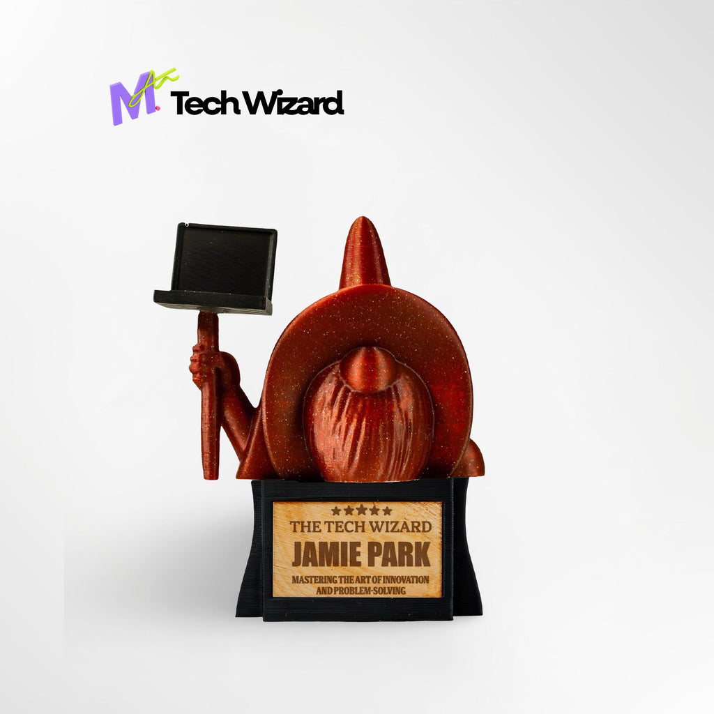 Custom The Tech Wizard Trophy - Front View of IT Genius Award
