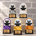 Five R.I.P. My Season trophies in different colors